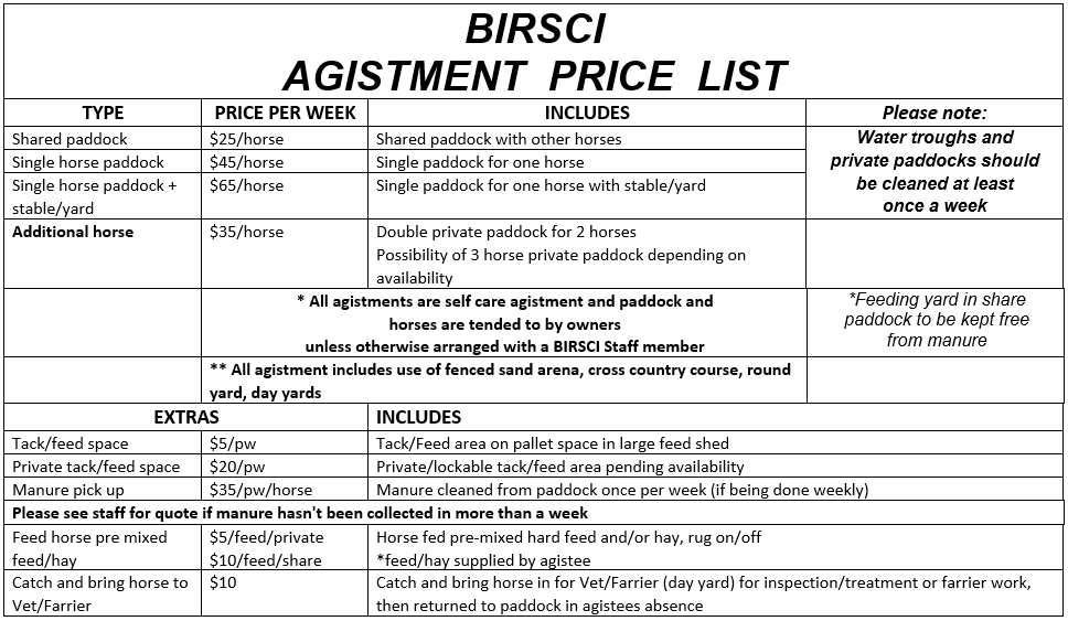 Agistment Price List Pic - Bribie Island Road Saddle Club Inc.